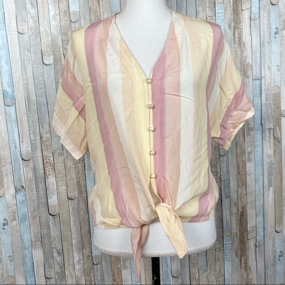 Rails XS Sunrise Stripe Pastel Button Down Tie Front Crop Thea Top Blouse - Picture 3 of 15